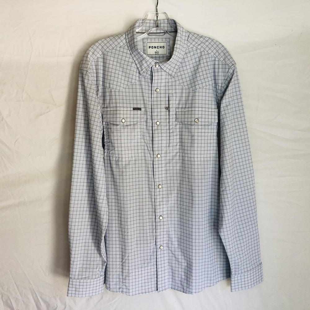 Poncho Shirt Mens Large Gray Nylon Stretch Plaid Long Sleeve Snap Front Casual